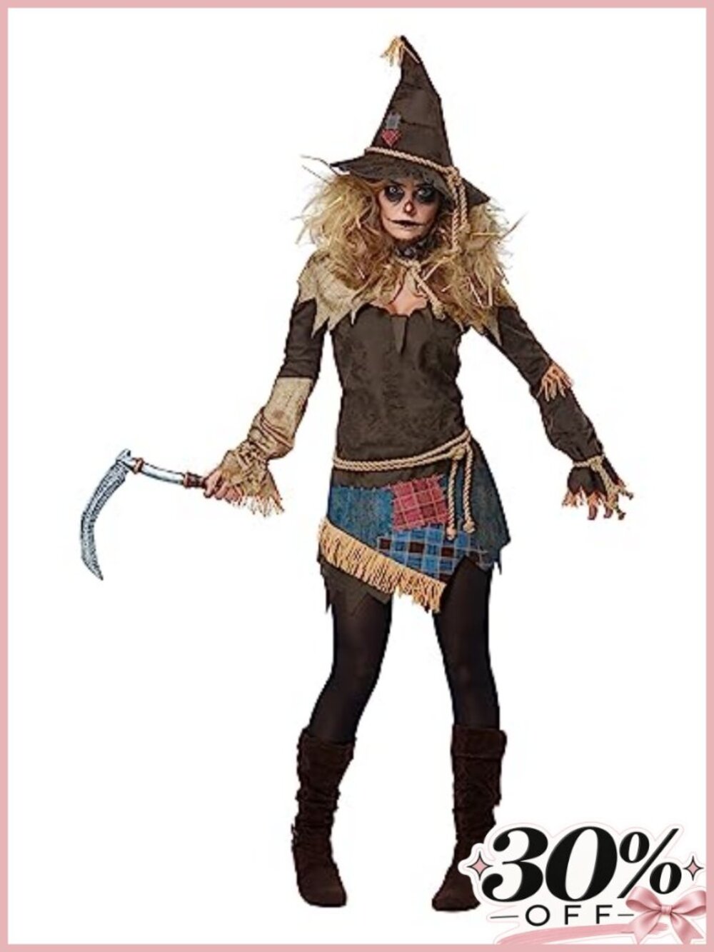 Creepy Scarecrow Halloween Costume for Women Includes Hat & Scythe